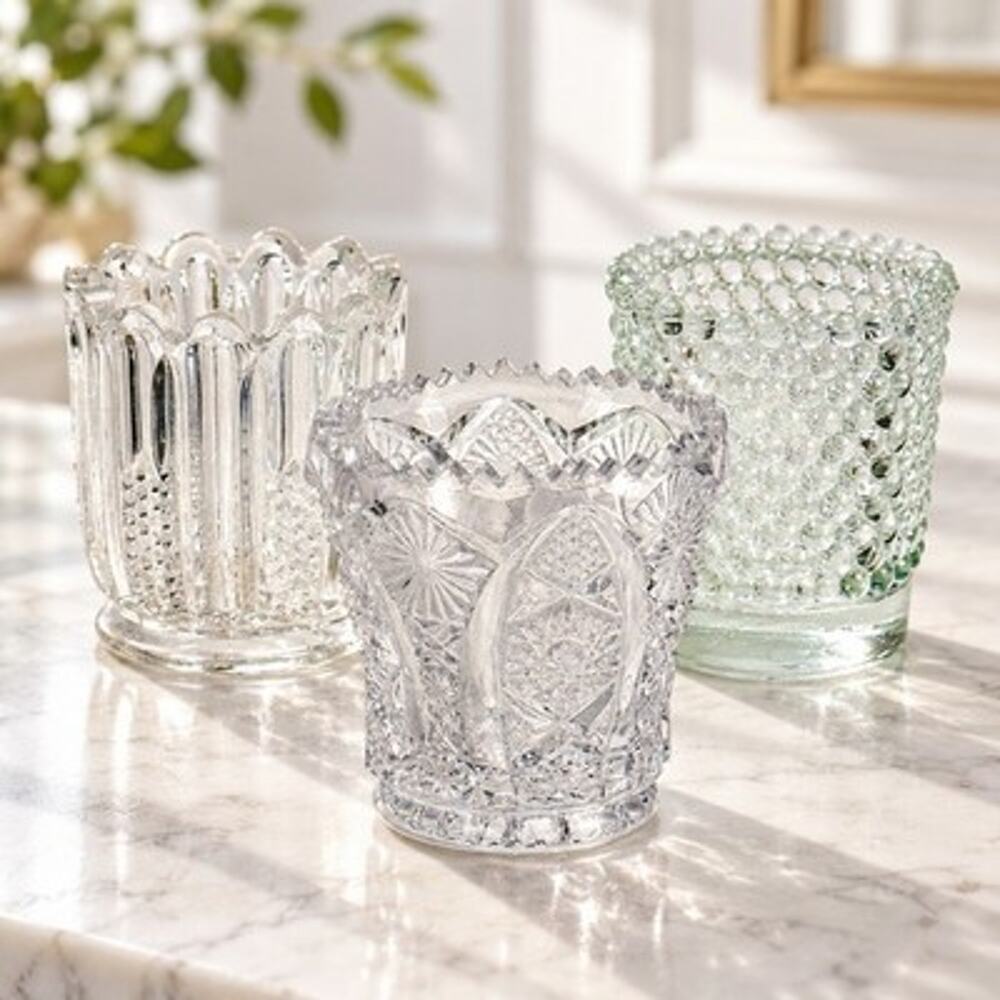 Vintage Clear Pressed Glass Votive Candle Holders Lot of 3 Mixed Patterns